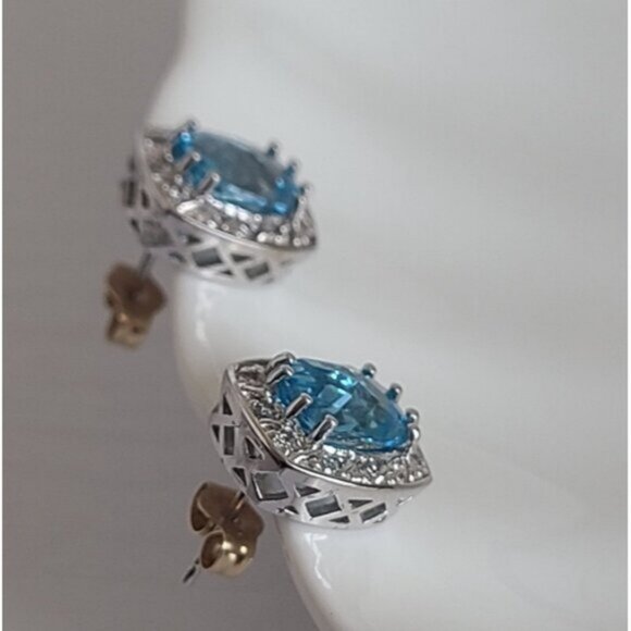 Vintage 14K White Gold Diamond Blue Topaz Square Cushion Cut Halo Stud Earrings - Picture 7 of 12